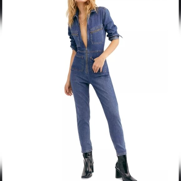 Free People Lennox Zip-Front Denim Jumpsuit XS Excellent Condition - Picture 5 of 16